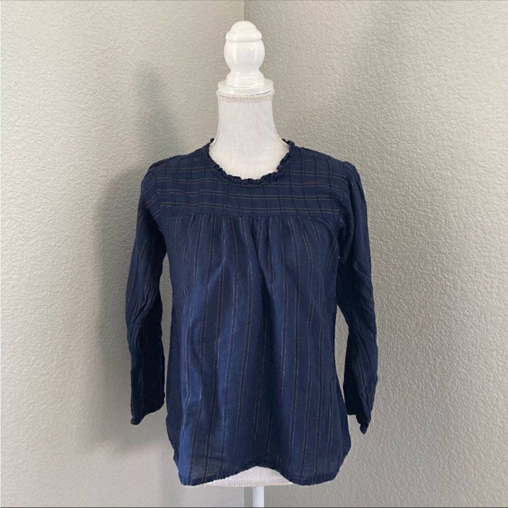 Anthropologie Maeve Navy Striped Long Sleeve Keyhole Back Pleated Blouse Size M